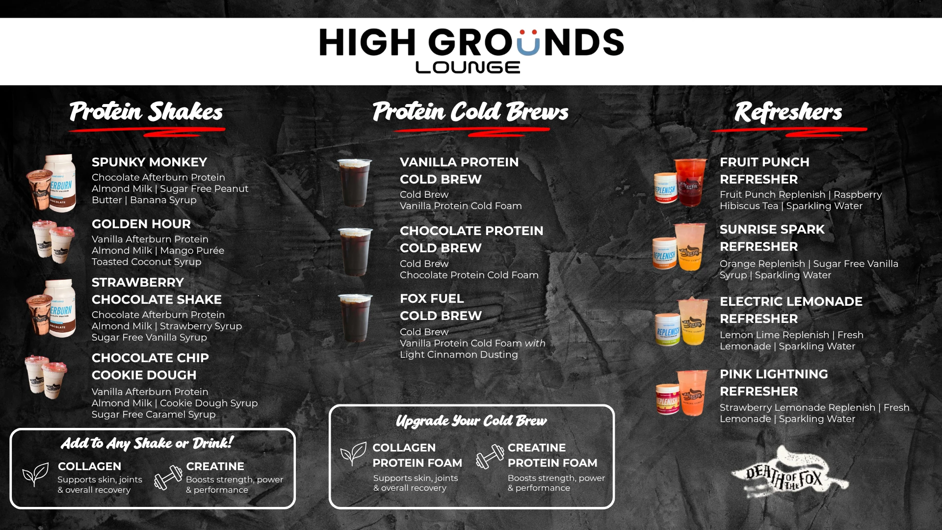 High Grounds Lounge wellness menu: protein shakes, protein cold brews and refreshers