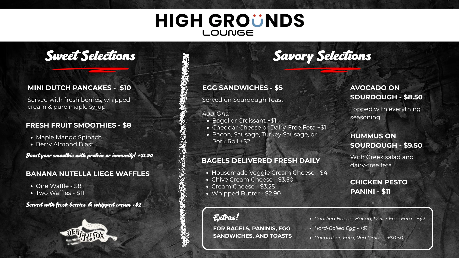 High Grounds Lounge food menu: sweet and savory selections with prices