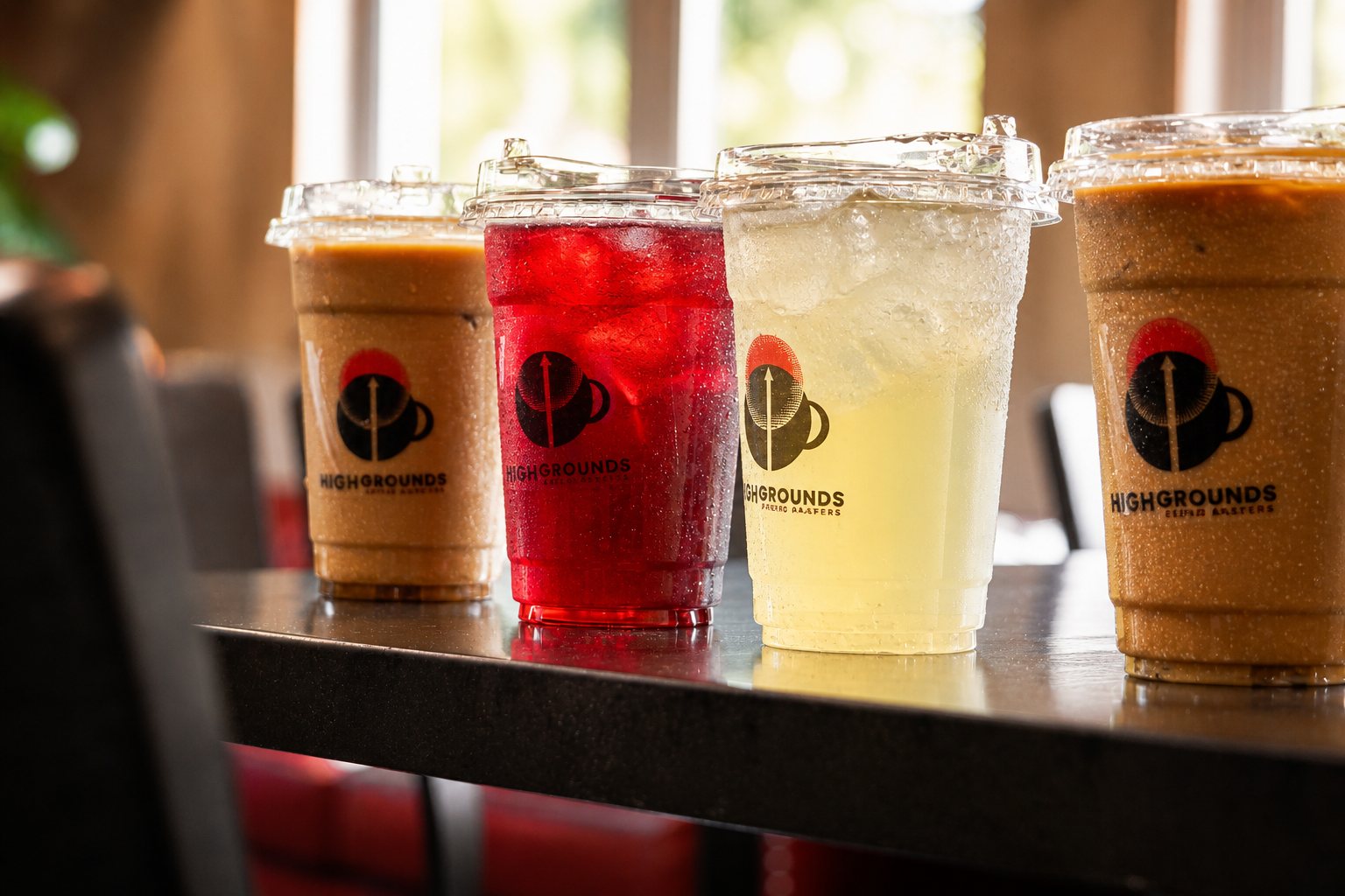 Row of signature iced High Grounds beverages
