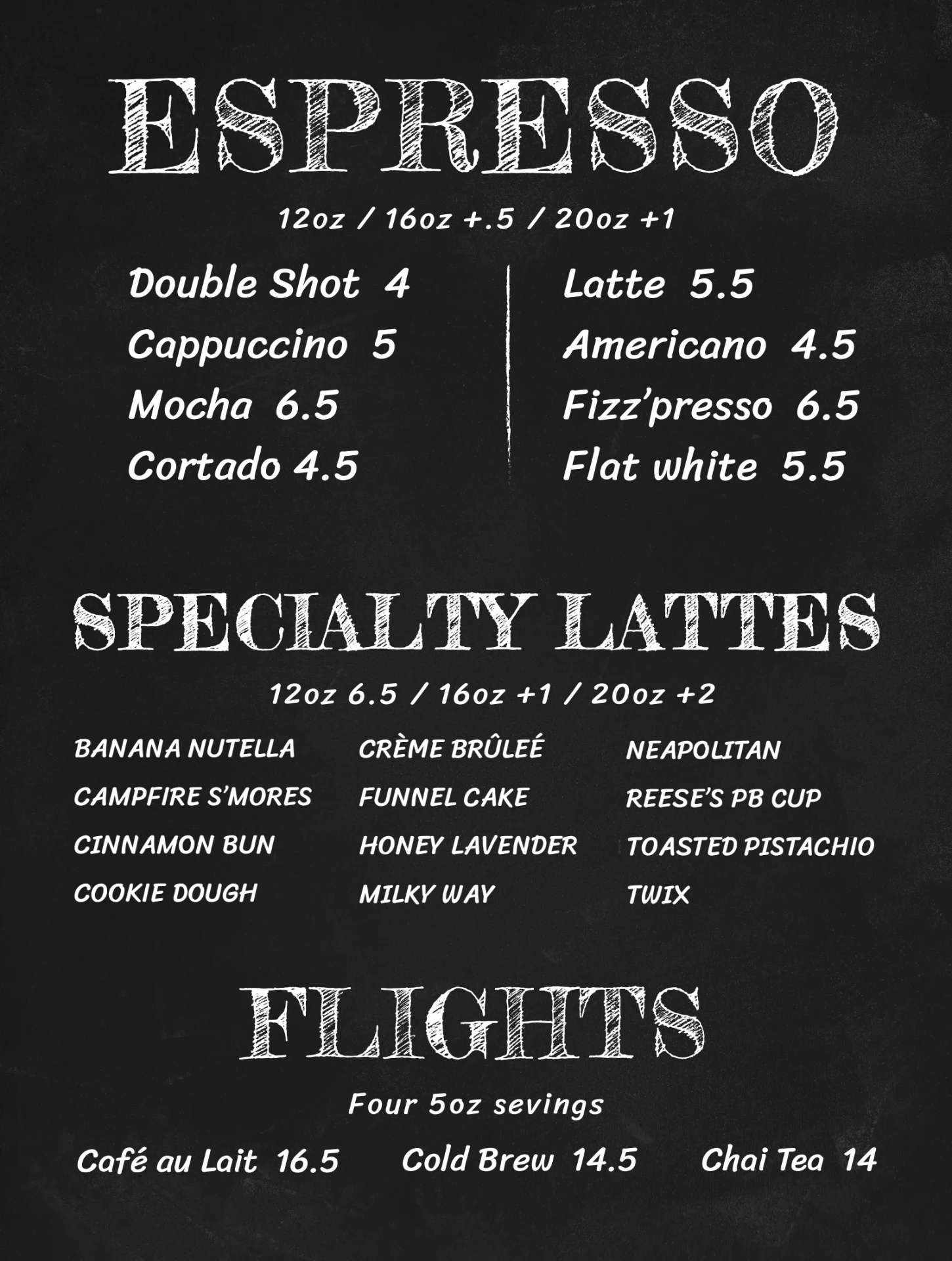 High Grounds Coffee Roasters menu: espresso, specialty lattes and flights