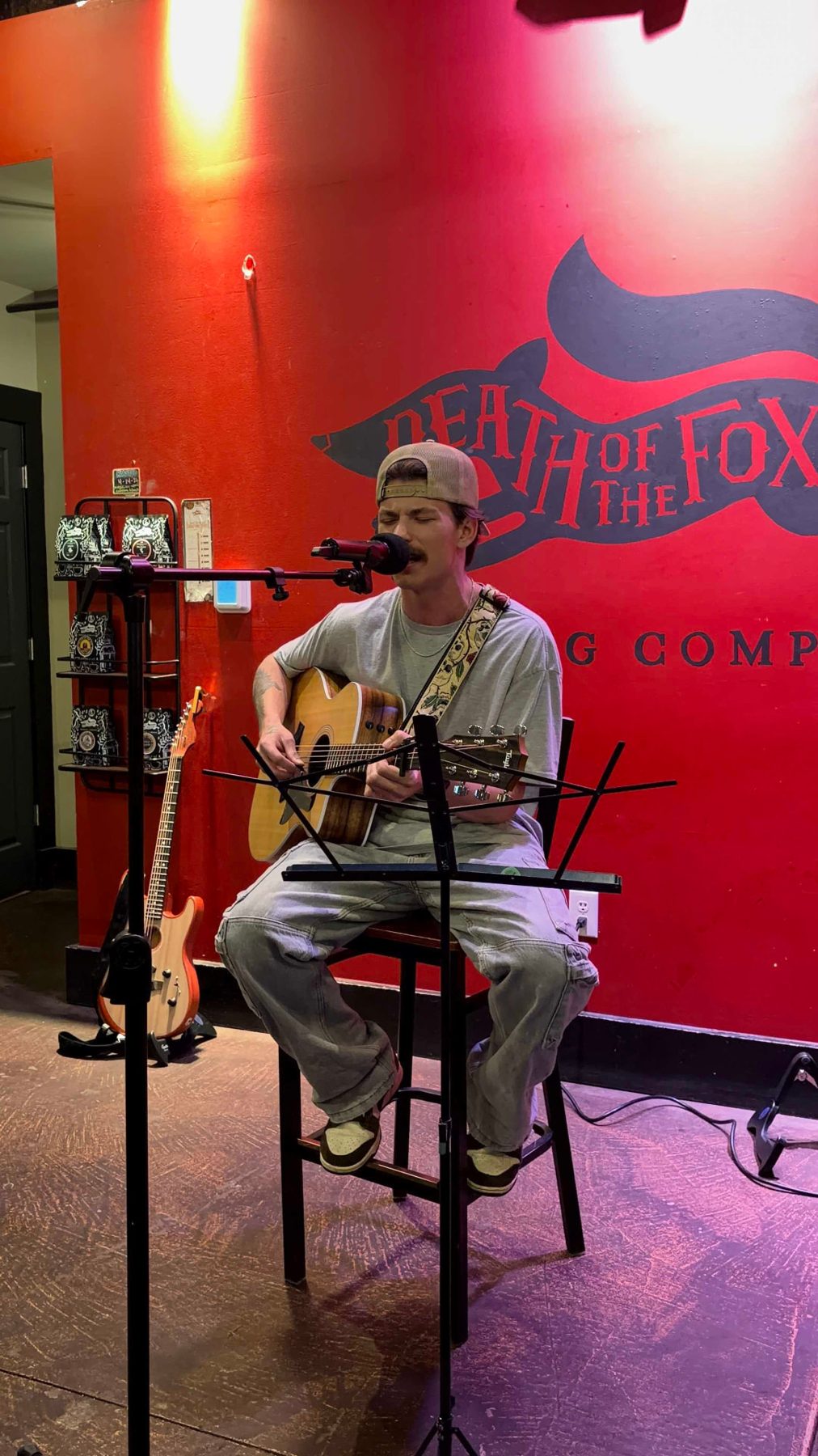 Acoustic guitarist singing on a stool in front of the Death of the Fox mural