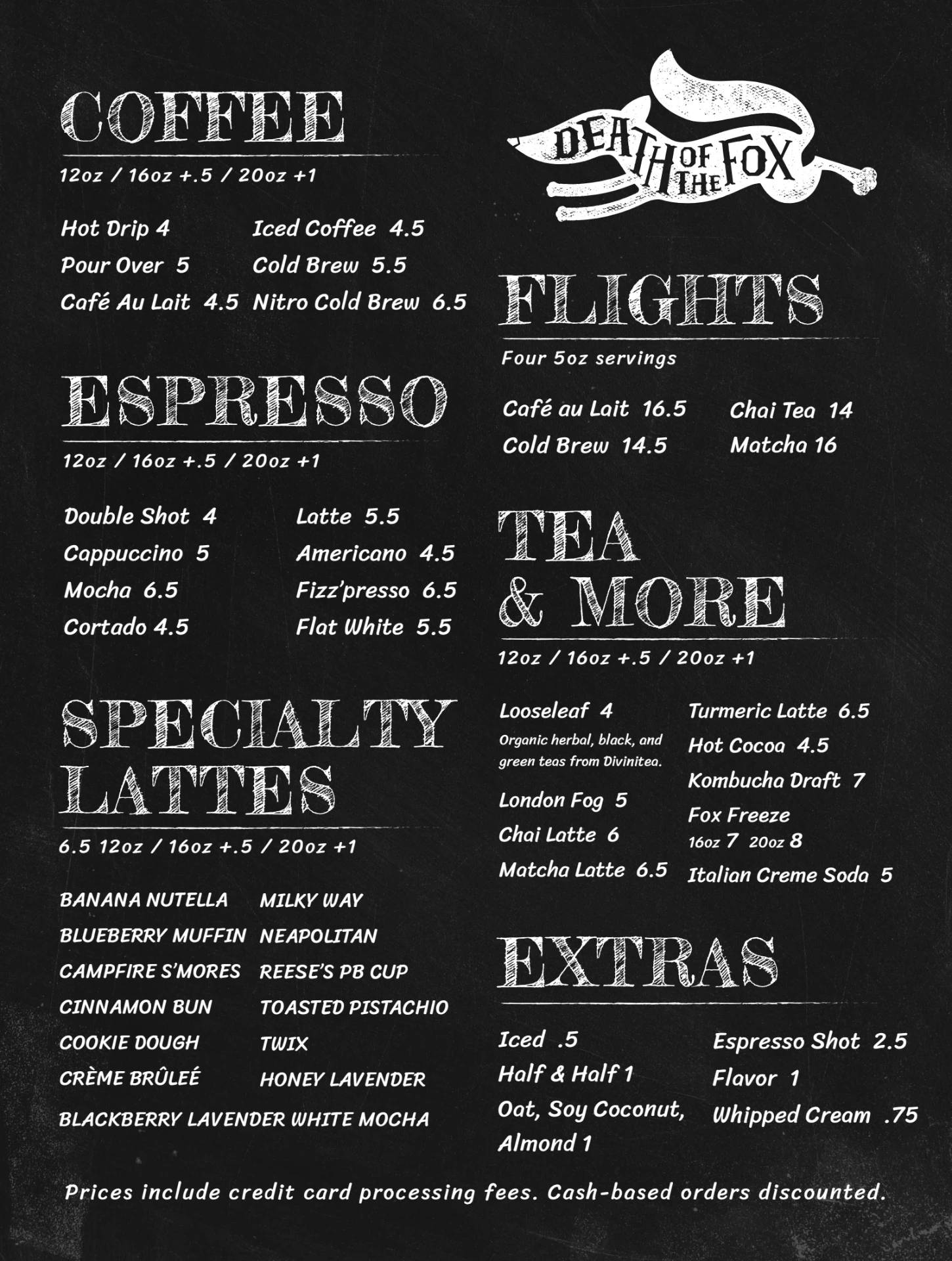 Death of the Fox coffee menu: coffee, espresso, specialty lattes, flights, tea and extras