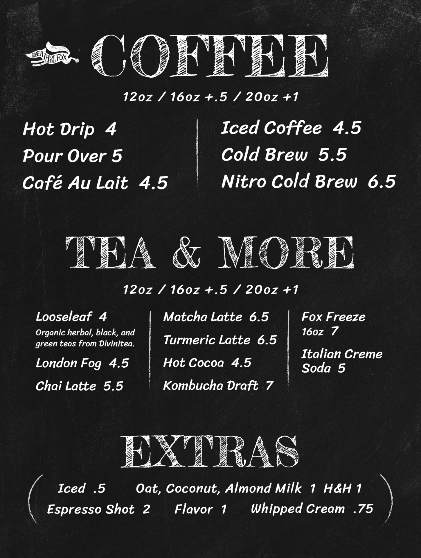 High Grounds Coffee Roasters menu: coffee, tea and extras