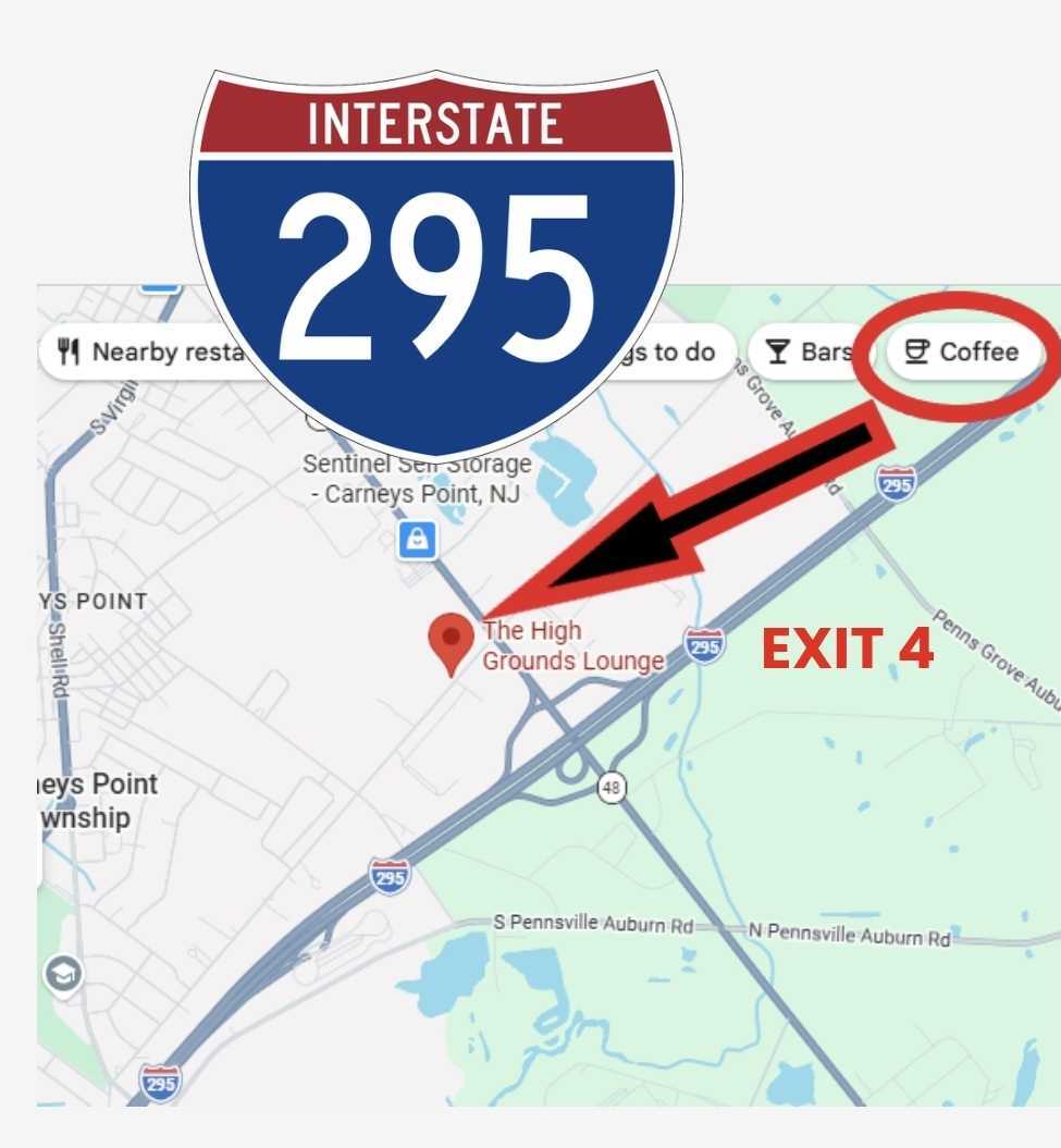 Map showing High Grounds Lounge just off Interstate 295 at Exit 4 in Carneys Point
